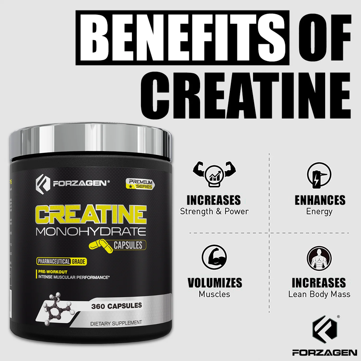 Forzagen Creatine Monohydrate Capsules 360 Capsules, Muscle Gaining Support, Strength Improve - Image 6