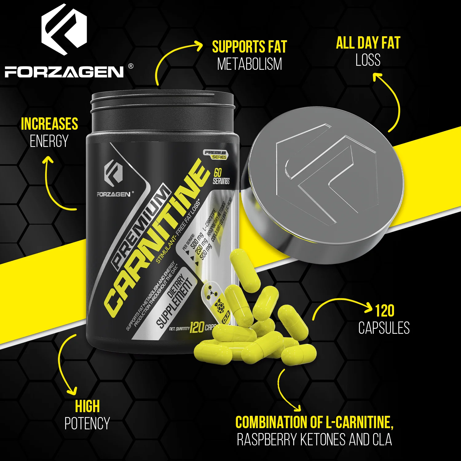 Premium L Carnitine + CLA + Raspberry Ketones 120 Weight Loss Capsules - Image 5